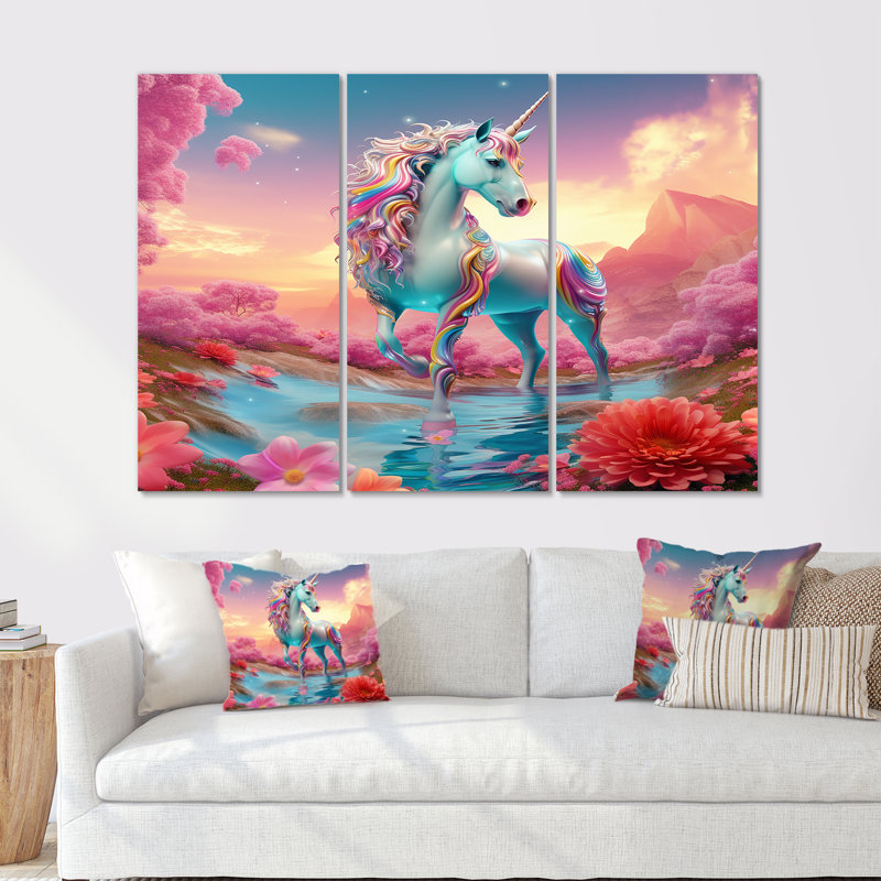 Ensemble de salon magique avec licorne blanche et fleur magique, Toile tendue, H 40 po x l 60 po x P 1 po