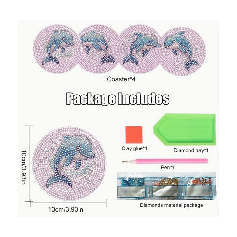 Set of 4 5D Diamond Painting Dolphin Coasters DIY Diamond Coasters Kit