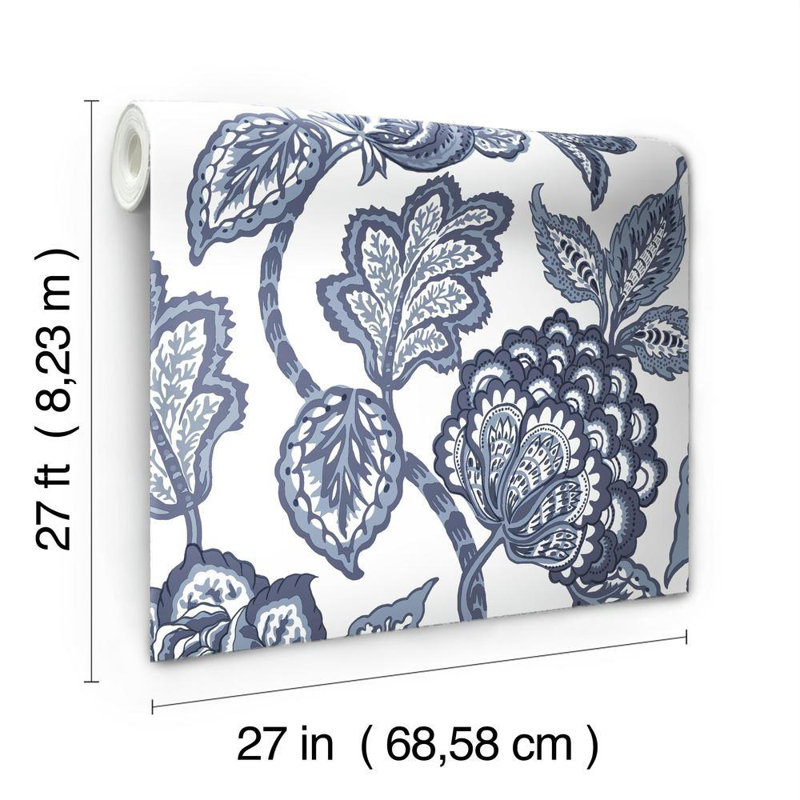 Rouleau de papier peint l 27 po x l 27 po midsummer jacobean, Blanc / Bleu