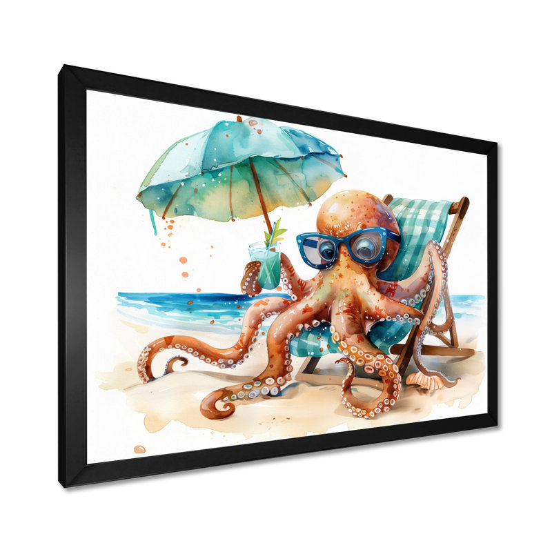 Pieuvre reposant sur une chaise de plage - pieuvre / calmar, Toile encadrée noire simple, H 24 po x l 32 po x P 1 po