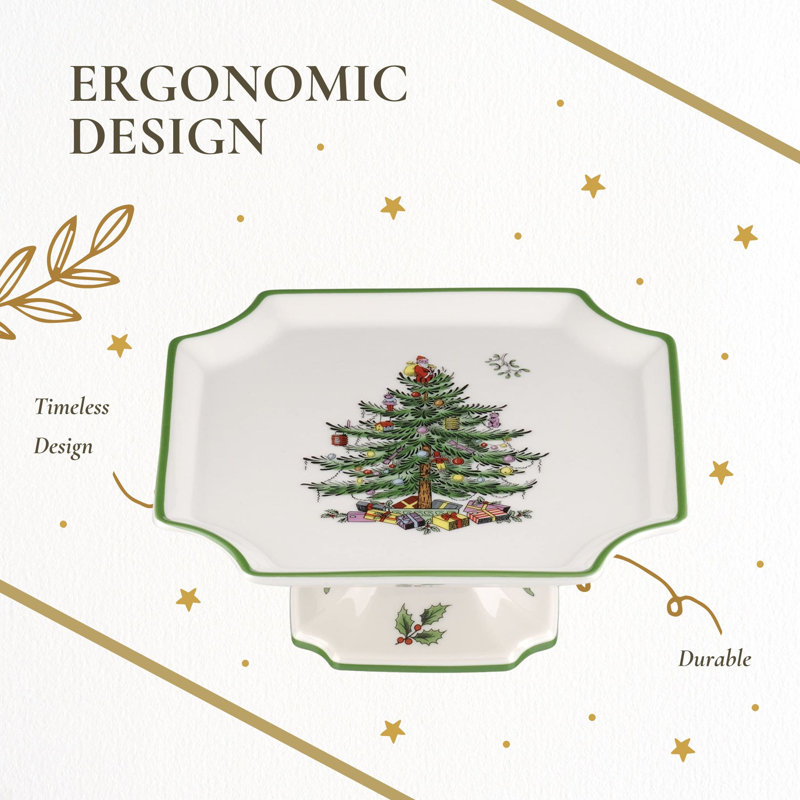 Spode Christmas Tree Footed Square Cake Plate - 6.5 Inch