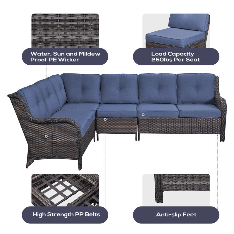 Tonry 82'' Wide Rectangle Wicker Patio Sofa with Cushions, Navy, Brown