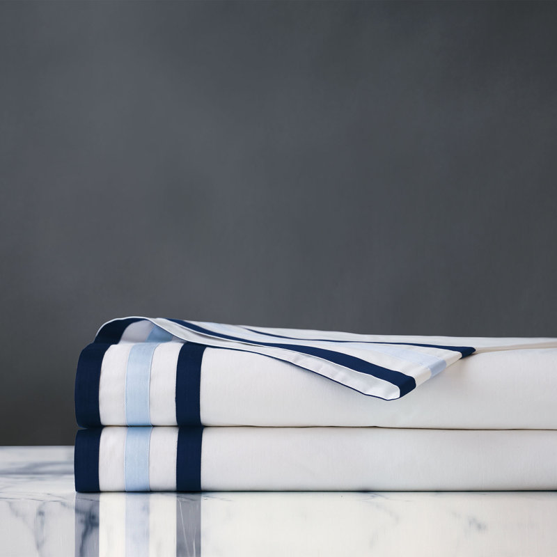 Watermill Egyptian Cotton Percale Striped Flat Sheet, Indigo, Queen Flat Sheet