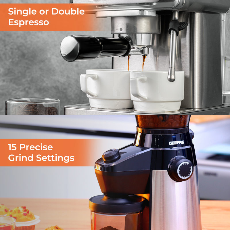 Geepas Espresso Coffee Machine & Conical Burr Coffee Grinder Combo Set - 1465W Coffee Maker With Milk Frother, Coffee Grinder With 15 Precise Settings