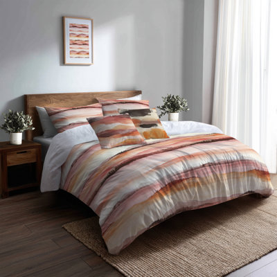 Boho Bedding Set Of 5 - Abstract Warm Horizon Duvet Cover And Throw Pillow Set
