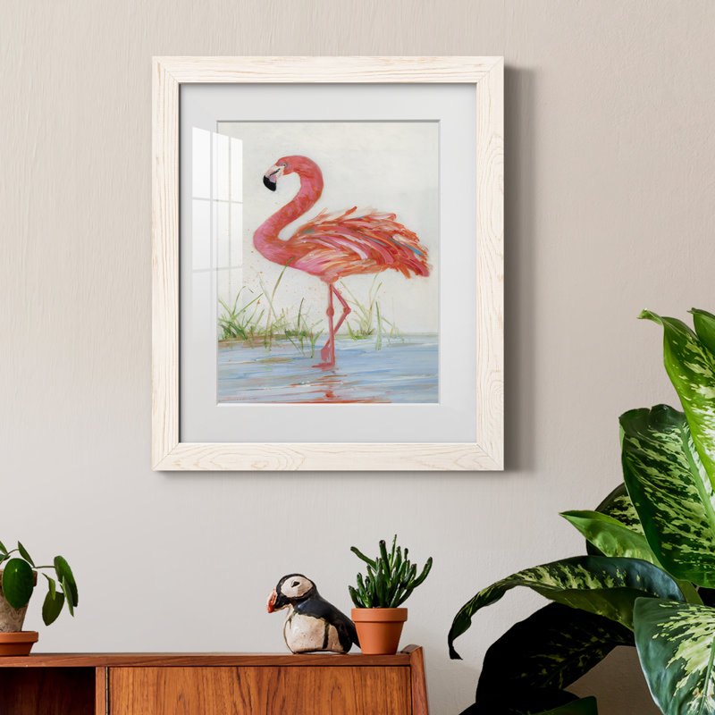 Flamant II - peinture encadrée, Toile blanche encadrée, H 20 po x l 17 po x P 1,5 po