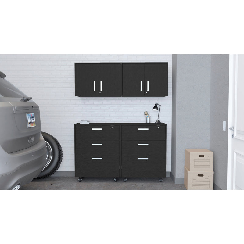 Élégant rangement de garage noir, 2 pièces avec tiroirs et fixation murale pour 3 tiroirs peu encombrants, installation facile