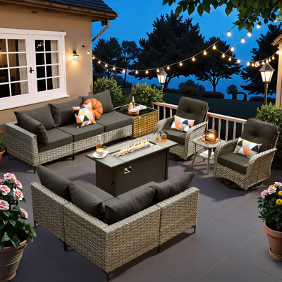 Sorella 11-Piece PE Wicker Outdoor Patio Furniture Set with 54" Propane Fire Pit Table & Solar-Powered Lighting