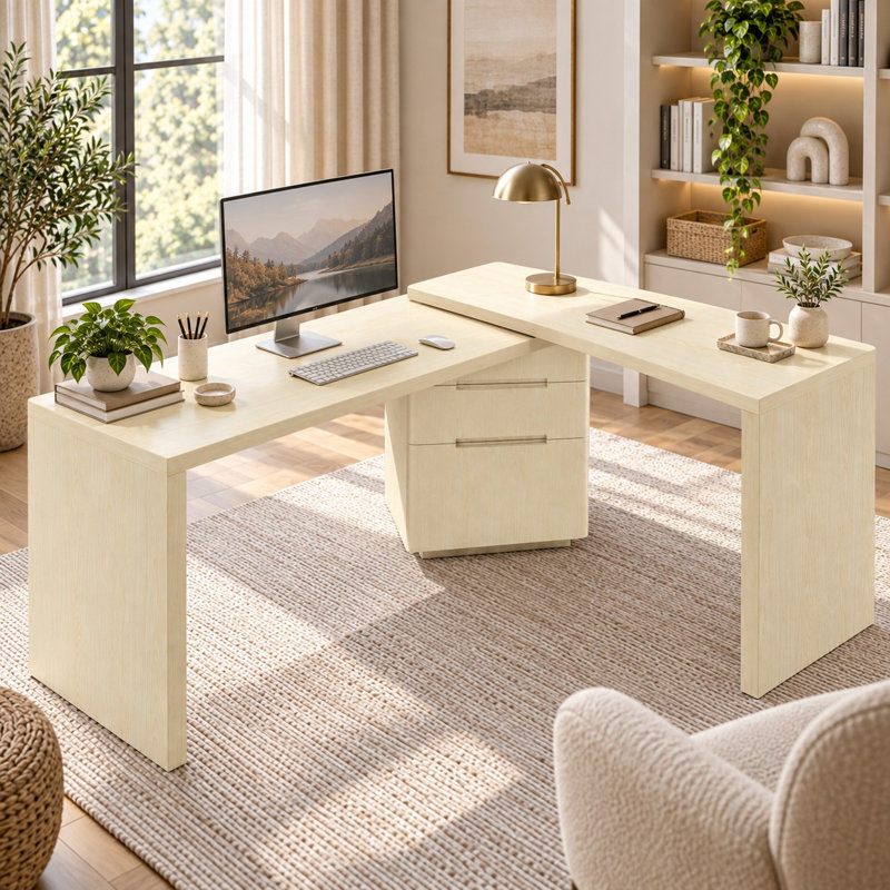Bureau pivotant en L de 90 pouces avec tiroirs de rangement et espace de travail flexible, Natural