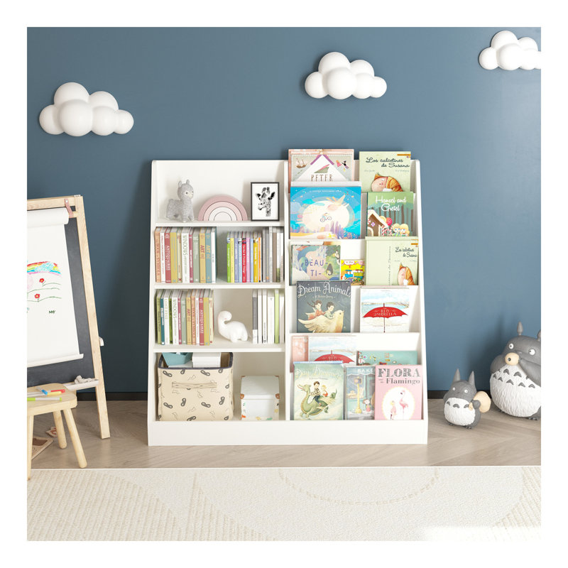 Bookshelf and Toy Storage Organizer, Multifunctional 4 Tier Wooden  Book Shelf with  Bookcase Display Stand in  Room Playroom Nursery for , ren, Toddlers