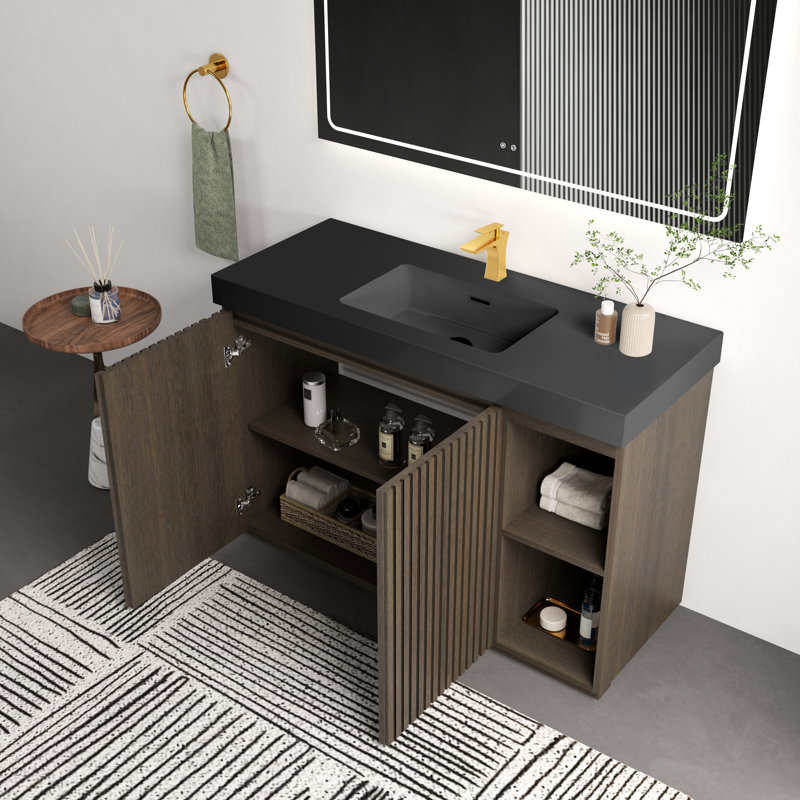 Meuble-lavabo autoportant moderne Delaney avec armoire de rangement, lavabo à quartz et tablettes réglables, Chêne