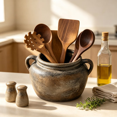 Porte-ustensiles rustique pour comptoir de cuisine, pot à ustensiles en céramique rétro avec poignées, organisateur de poterie artisanale pour cuillères, spatules et ustensiles de cuisine