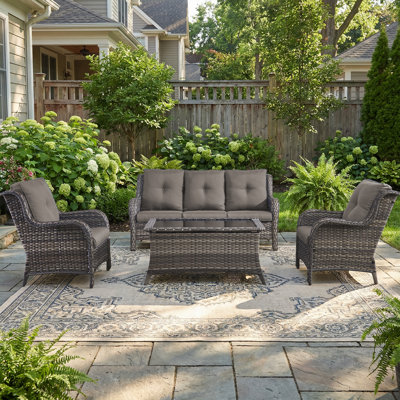 4-Piece Outdoor Couch Set, Includes Wicker Patio Sofa With Thickened Olefin Cushions, High Back And Deep Seating, Hand-Woven PE Rattan And 2 Armchairs, 1 Coffee Table For Porch,Deck