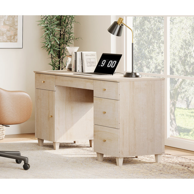58" Executive Desk With 4 Drawers And 1 Door, Modern Farmhouse Home Office Computer Table With Charging Station, Keyboard Tray