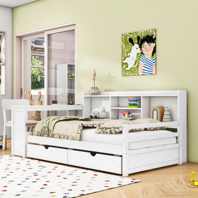 Twin Wooden Daybed with Built-In Shelves, Desk and Charging Station