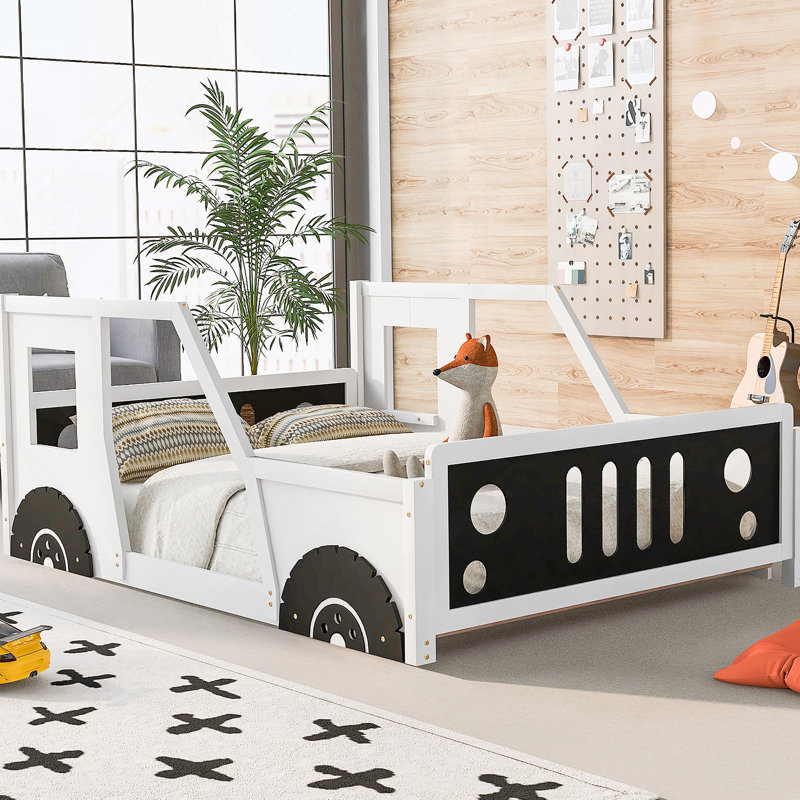 Lit plateforme classique avec roulettes en forme de voiture, Blanc