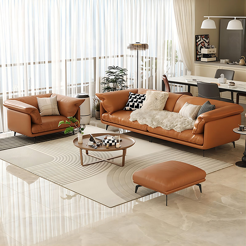 Ensemble de salon en cuir véritable orange 3 pièces