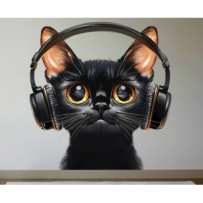 Adhésif mural chat noir, autocollant mural chat avec un casque, art mural animal mignon, décor de mélomane, décoration de chambre d'enfant