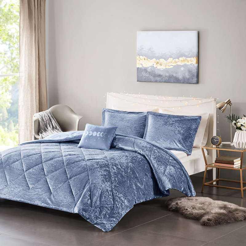 Édredon en velours bleu pervenche pour très grand / très grand lit, Édredon très grand et 3 pièces supplémentaires, Bleu