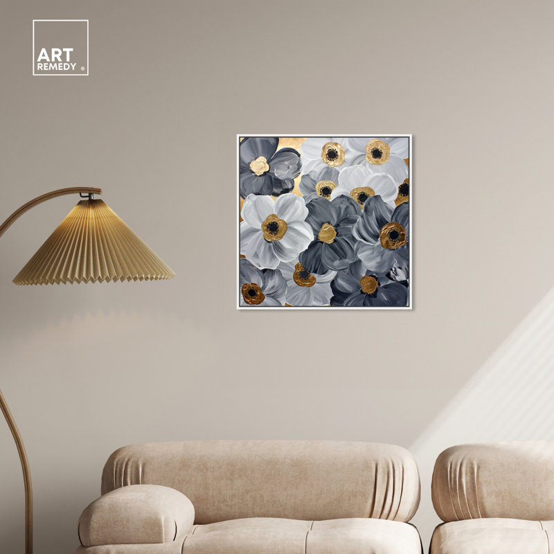 Gold and Gray Floral Canvas Print with White Frame, 25" x 25"