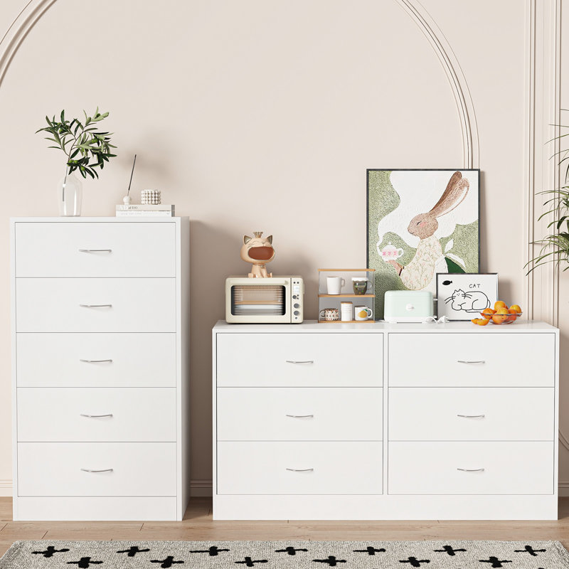 Commode moderne à 6 tiroirs avec poignées en métal, coffre de rangement blanc pour vêtements, linge de maison et accessoires