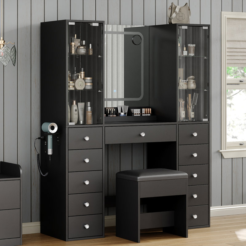 11 Drawers Makeup Vanity With Charging Station, Vanity Desk With LED Mirror & 2 Glass Cabinet, 3 Color Modes, Brightness Adjustable, Vanity Set With Glass Top , Makeup Table With Chair For Bedroom