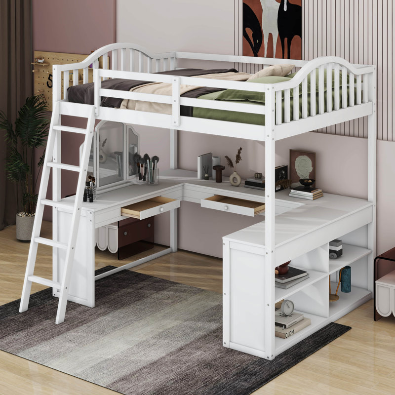 Lit mezzanine double en bois Kedryn avec bureau en U, compartiments de rangement et miroir à trois volets, Blanc