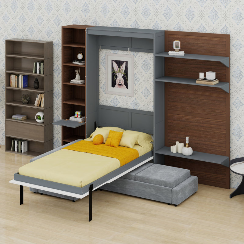 Lit escamotable avec armoire de rangement, tablettes ouvertes, façade de canapé et port USB pour un gain d'espace au sol.