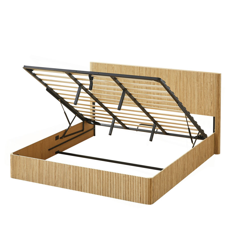 Structure de lit avec rangement relevable, lignes courbes en bois ondulé, rangement hydraulique / aucun sommier nécessaire