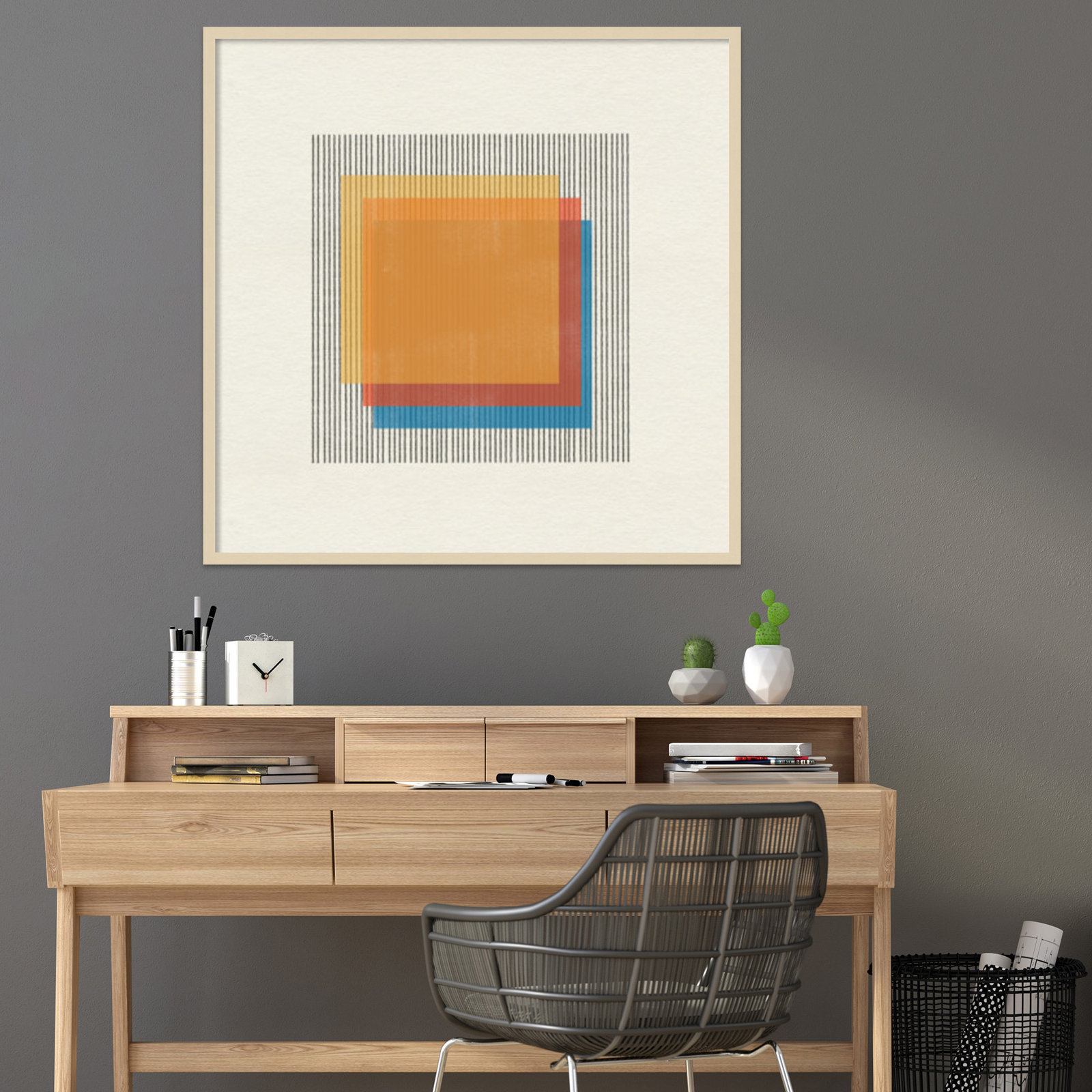 Midcentury Modern Squares No 1 Print, Brown Framed, 41" H x 41" W x 1" D