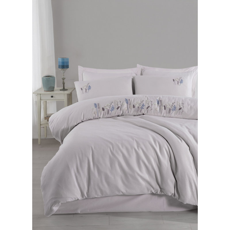 Luxurious Double Quilt Cover Set, 100% Cotton, Light Grey | Jacquard & Handmade Embroidered Design | Duvet Cover 78.7 x 86.6 in, Flat Sheet 94.5 x 102.4 in, 2 Pillowcases 19.7 x 27.6 in | Machine Washable, Soft & Durable