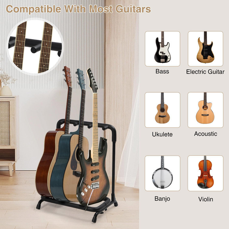Multi Guitar Stand with 3-tier Shelves, Thick Rubber Padding Folding Guitar Display Rack for Acoustic, Electric and Bass