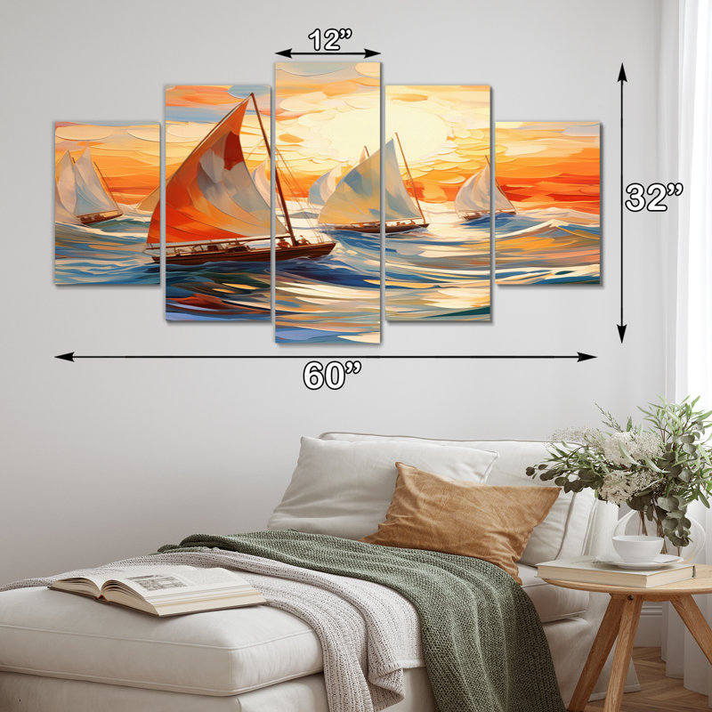 Voilier tourbillonnant vagues - bateau à voile, reproduction d'art sur toile - 5 panneaux