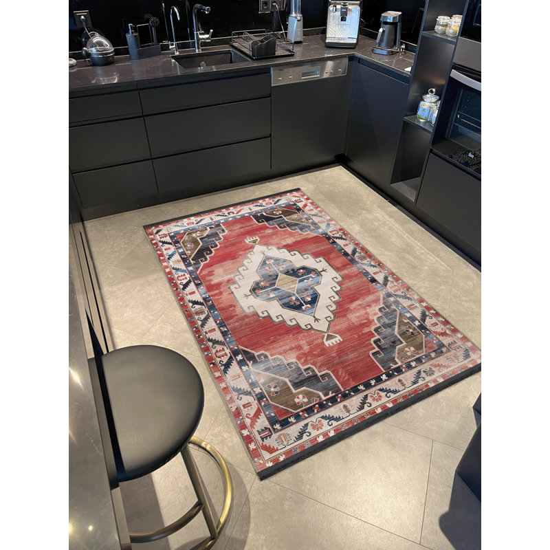 Tapis décoratif rétro rouge à motif traditionnel, Rectangle 4 pi 11,06 po x 9 pi 10,11 po