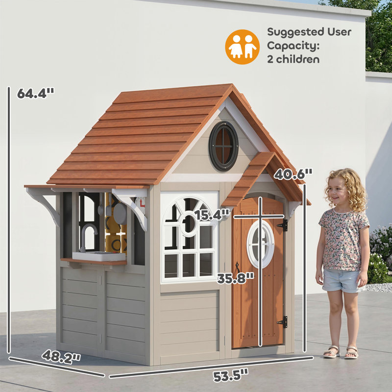 Outdoor Playhouse, Wooden Kids Playhouse with Dog Door, Kids Cottage with Cookware, Blackboard, Clock, Tic-Tac-Toe Roller for Backyard Garden, Indoor Playroom Imaginative Play for Ages 2+, Gray