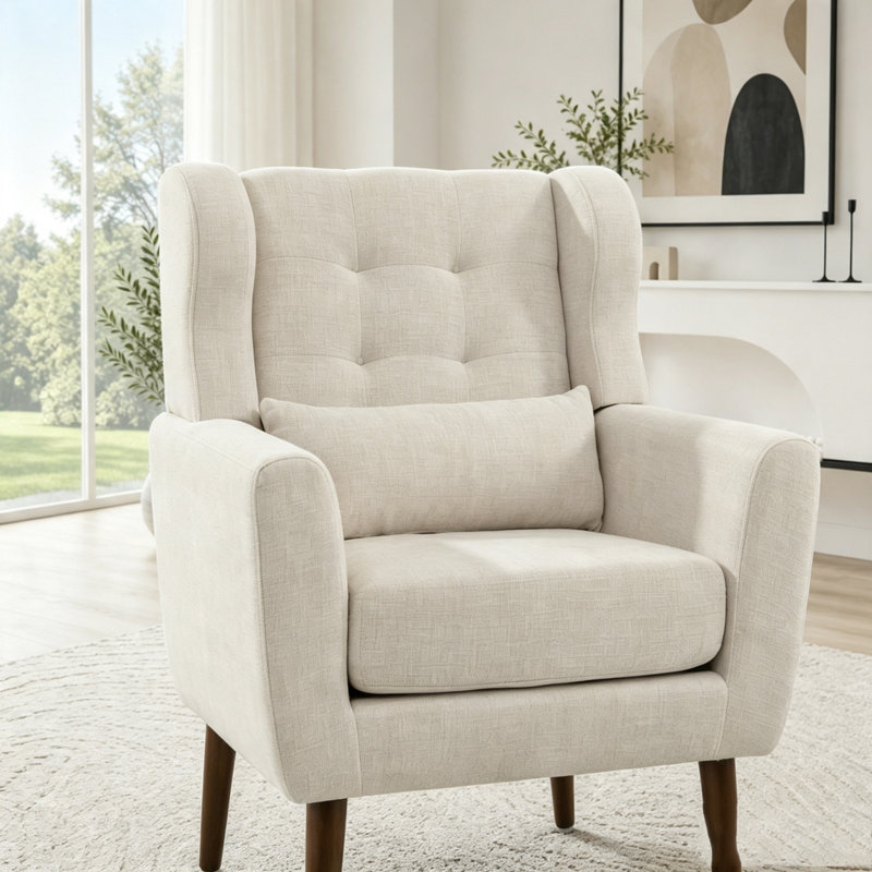 Chaise d'appoint en chenille beige moderne avec pieds en bois, Chenille beige