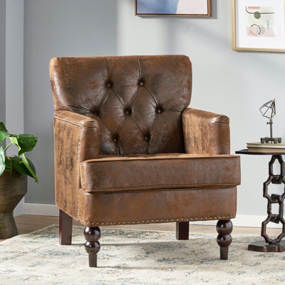 Sophisticated Button Microfiber Club Seat, Brown, With Diamond Stitch Embroidery, Nailhead Trim, And Birch Wood Legs Fashionable Chair, Trim