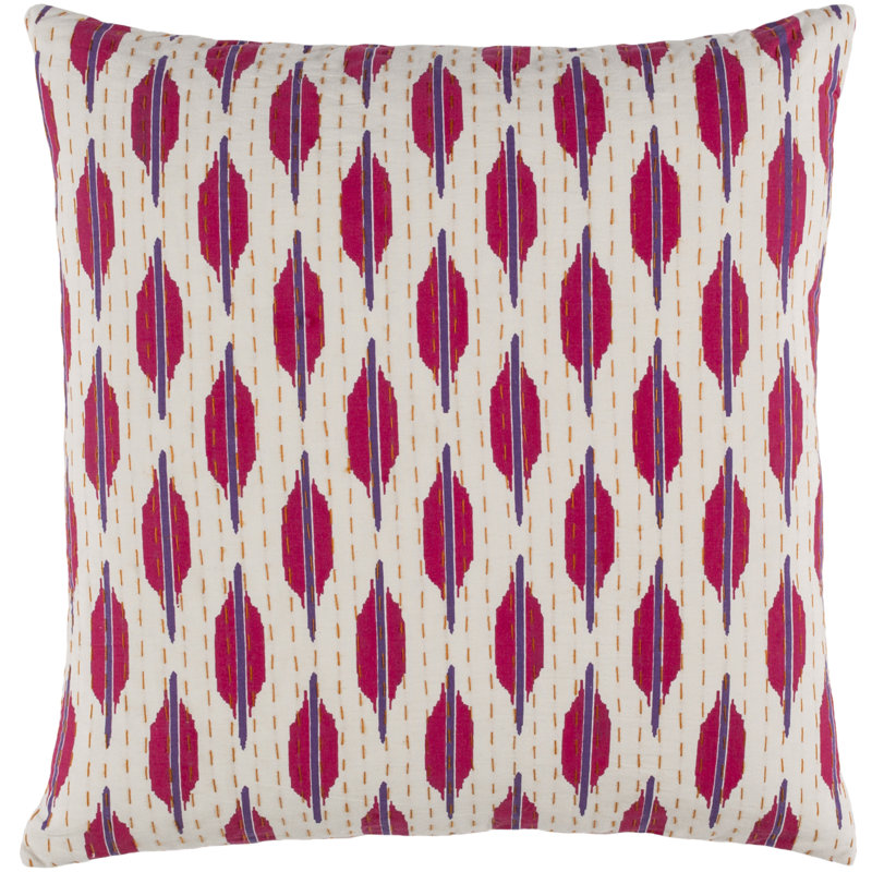 Oreiller 100% coton Kantha, 18 po x 18 po, Magenta / cerise / ivoire, Polyester / Bourre en polyester
