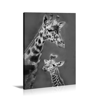 Giraffe Canvas Art Living Room Nursery Wall Decor Framed Giraffe With Cub Picture Black And White Poster Wild Animal Painting Prints Bedroom Ready To Hang - 20.00"X30.00"