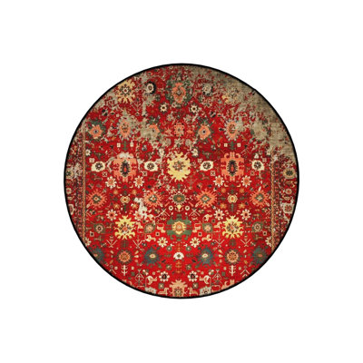 Red Themed Ethnic Motif Traditional Patterned Round Woven Base Vintage Decorative Carpet