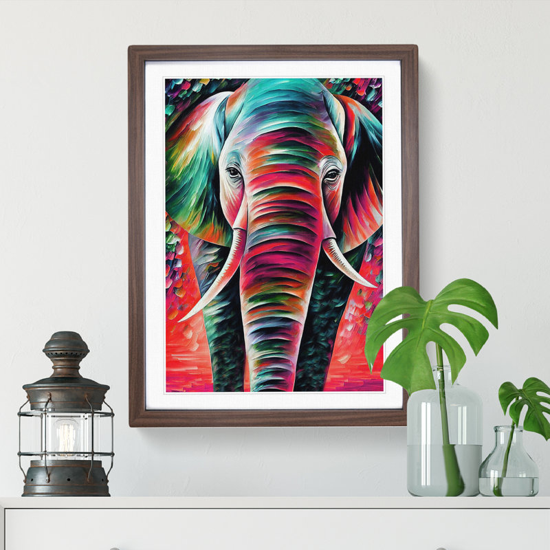 Colourful Elephant No.1 - Wall Art, 66cm H x 48cm W x 2cm D, Walnut Framed, White