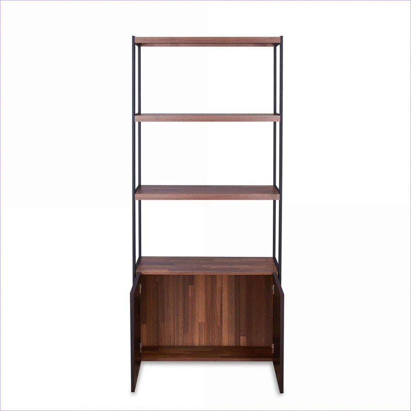 Bibliothèque, bois d'ingénierie rustique, brun noyer Noir sable, tablettes ouvertes et armoire fermée | Noyer brun | Bois d'ingénierie