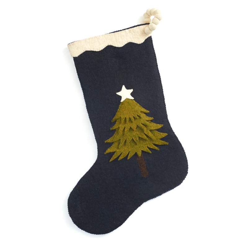 Hand Felted Wool Christmas Stocking - Tree on Navy Blue