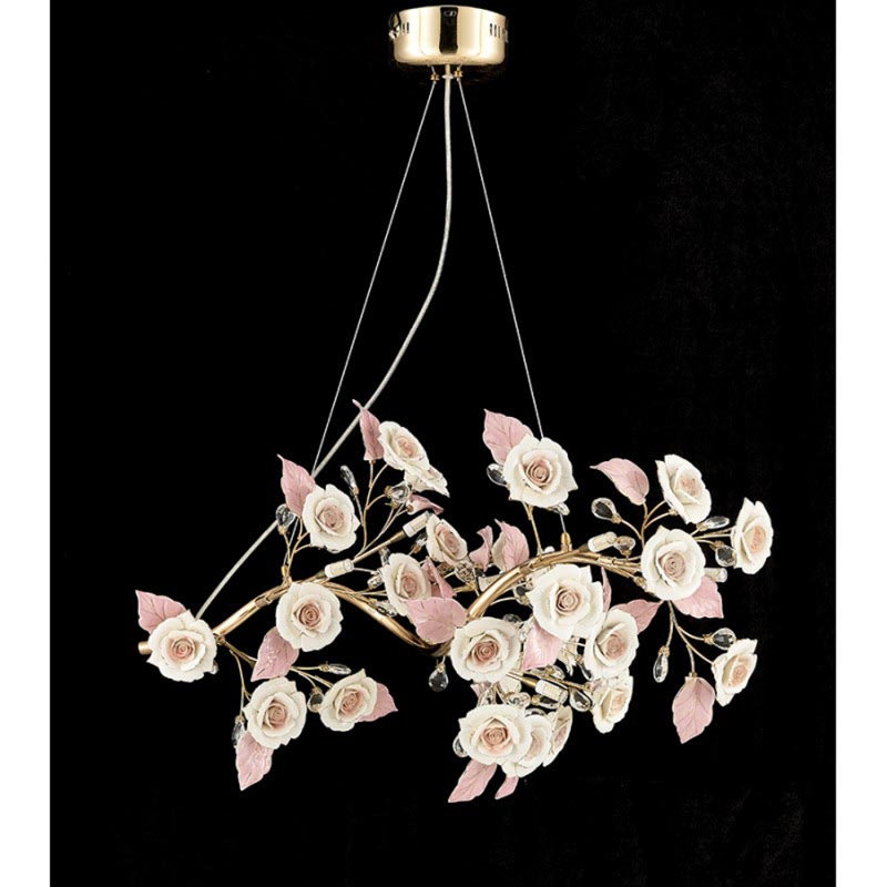 Lustre suspendu en porcelaine Petra Light, Blanc crème, 38" Width x 20" Height, Or brossé