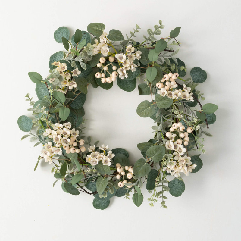 Fausse couronne en plastique d'eucalyptus, H 20 po x l 20 po x P 3,5 po