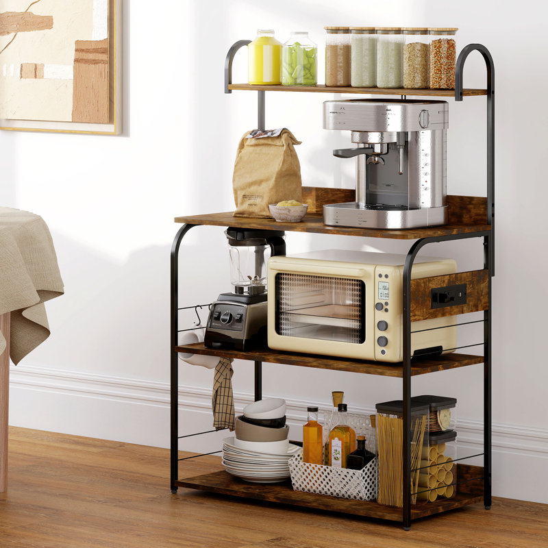 Étagère de boulanger avec prise de courant, support pour micro-ondes, brun rustique, H 49,2 po x l 31,5 po x P 15,7 po