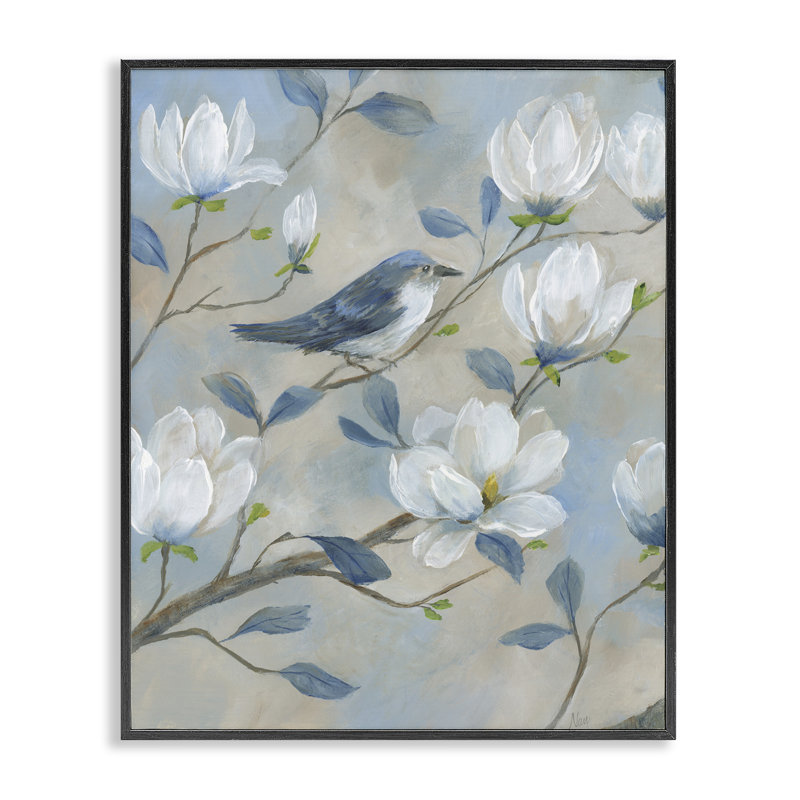 Giclée encadrée Blue Bird & Magnolia, design par Nan, H 14 po x l 11 po, Giclée noire de minuit encadrée