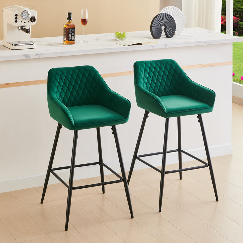 Saarrah 68cm Upholstered Bar Stool with Arms, 2, Green Velvet