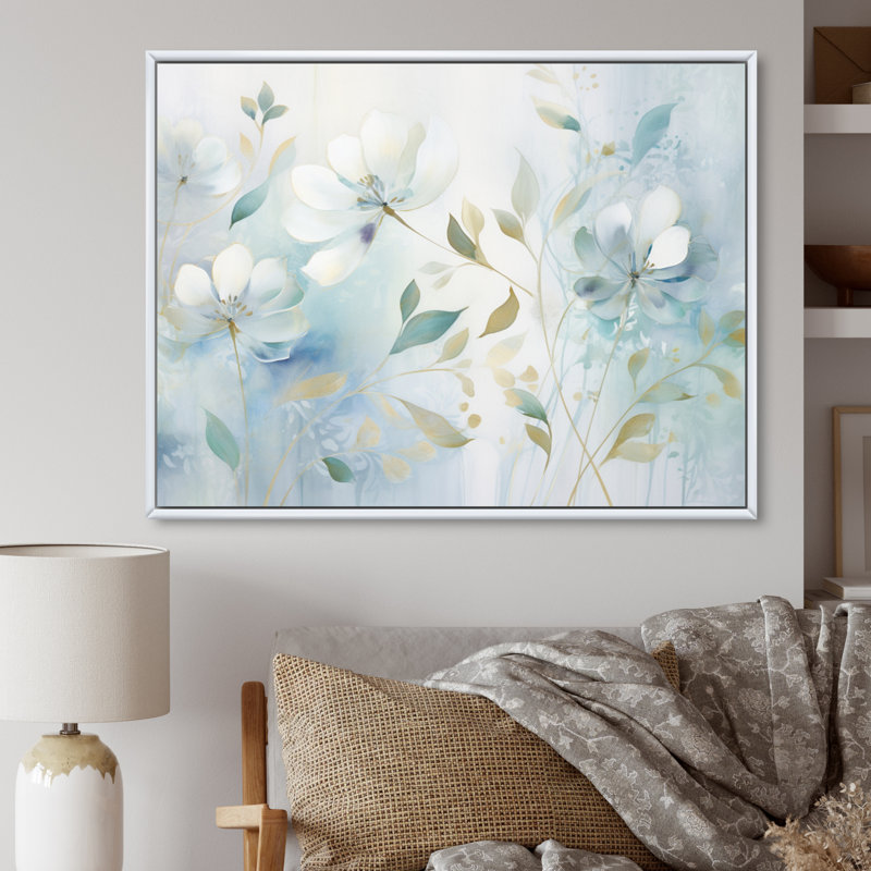 «Blue Botanical Rhythms I», art mural abstrait sur toile, Cadre flottant blanc, H 34 po x l 44 po x P 1,5 po