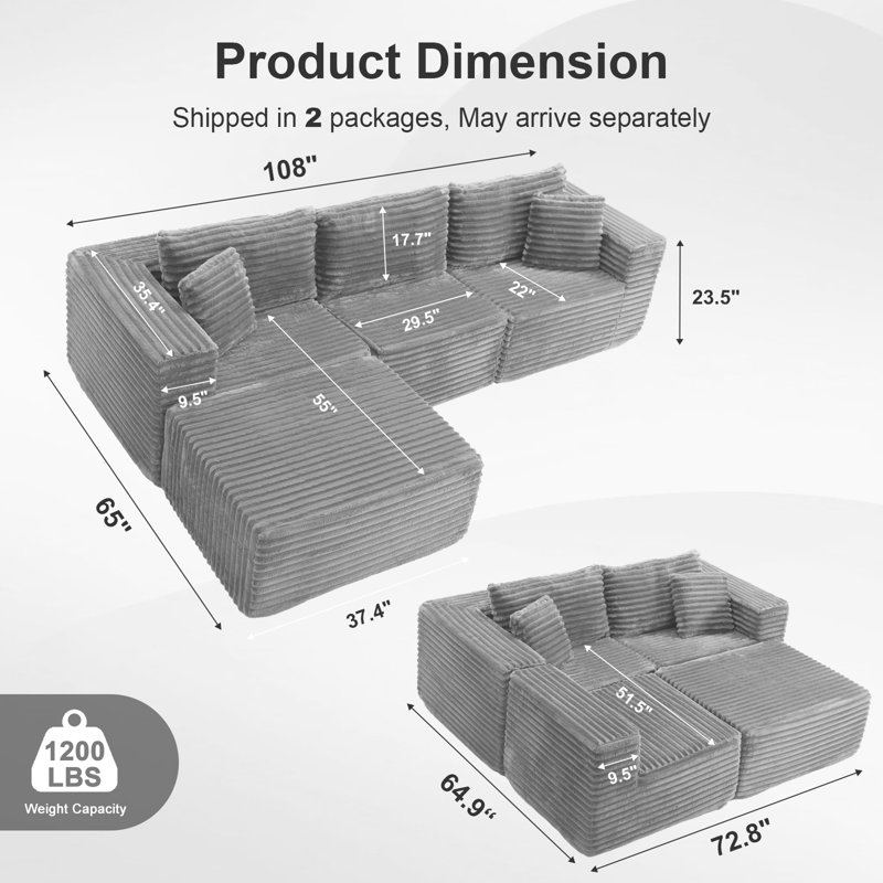 108" Modular Sectional Couches Luxury Modern Corduroy Sofa, Minimalist Comfy L-Shape Cloud Couch, Compression Packaging & No Assembly Required for Living Room Apartment